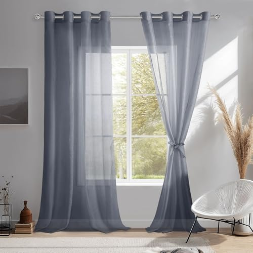 DWCN Tende in Voile con Occhielli Tenda Trasparente con Fermatende per Camera da Letto 2 Pezzi, 140x280 CM, Grigio Scuro