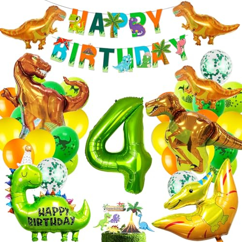 Dino Födelsedagsdekorationsset, 4 års-födelsedag, pojke, XXL dinosaurie-folieballong, djungel, födelsedagsdekoration 4 år, pojke, ballonger, grön, dinosaurie-party, dekoration, djungel, fest, barn