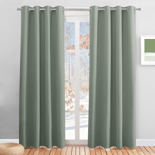 PONY DANCE Thermal Blackout Curtains with Eyelet - Super Soft Extra Long Curtains for Living Room Privacy Protection Window Treatment Drapes for Bedroom Nursery, Sage Green, 2 Panels, 52 x 84 Inch