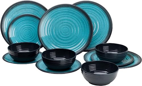 Xtremeauto 12pc Dinner Set Plates and Bowls Set - Dinnerware Sets Melamine Bowl, Plate Crockery Plate Set Dining Tableware Dishes, Dishwasher Safe Set Caravan (Granite Aqua 12pc Set)