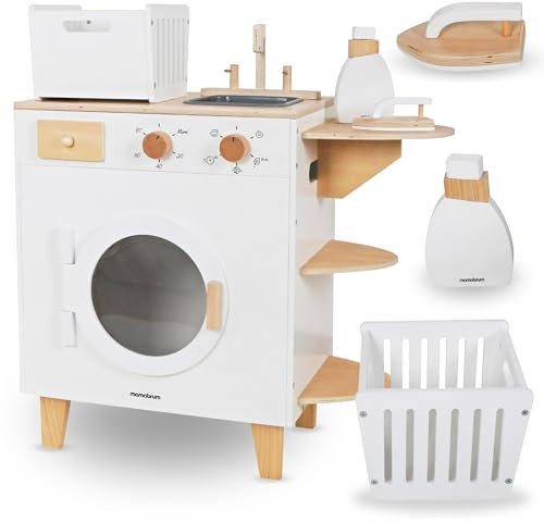 Mamabrum Set Lavatrice in Legno per Bambini 3+ - Giocattolo Educativo e Creativo per Giochi di Ruolo - Include Ferro da Stiro, Cesto Biancheria e Accessori