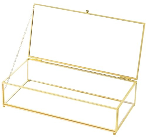 LOSYHU Vintage-Glas-Schachteln, rechteckig, Kosmetik-Box, mit Deckel, dekorative Schmuck-Präsentation, Klarglas-Box, goldene Glas-Schmuckschatulle für Schminktisch, Aufbewahrung, Schmuckringe