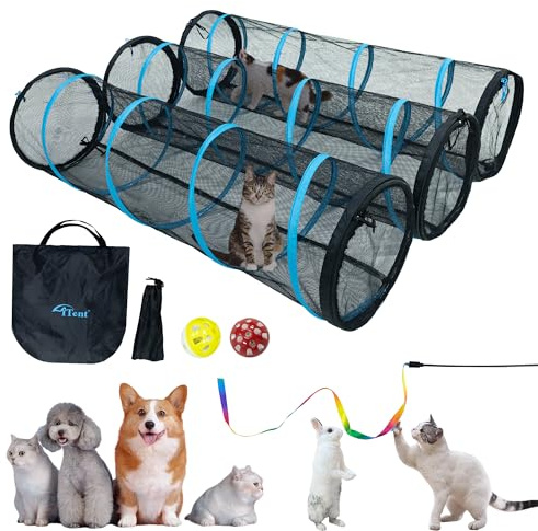 ITENT Katzenspieltunnel für drinnen und draußen, Katzentunnel für draußen, Katzen-Gehege, Katzengehege, einfach zu verbinden mit zwei Reißverschlusstüren, Produktgröße 150 x 45 cm, 3 Stück/Set, blau