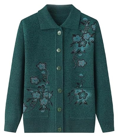 KIJSKKOPO Veste Cardigan Femme,Pulls Cardigan Tricotés pour Personnes D'Âge Moyen Et Âgées, Boutons De Revers Violets Manteau en Tricot Jacquard Floral Pêche avec Poche Vestes Chaudes pour Gran