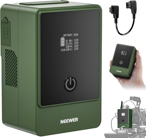 NEEWER Batterie PS099E, 6800 mAh 99 Wh 14,5 V Mini V Lock avec câble D Tap, écran OLED, Charge Rapide 65 W PD USB C, Sortie D Tap/BP/USB A/DC pour caméra vidéo, Moniteur, caméscope,Vert