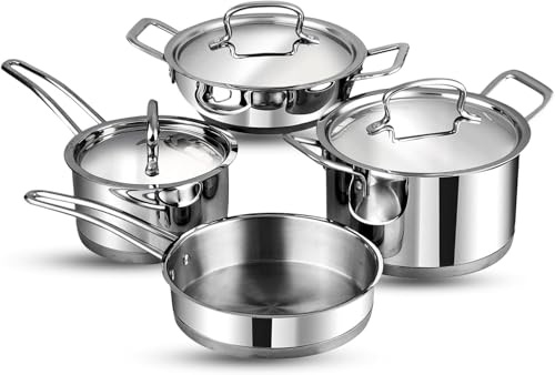 Stainless Steel Deluxe Cookware, 4 Pieces of Saucepan,Fry Pan, Sauce Pot, & Wok (Kadai) Induction Base, Stainless Steel Lid
