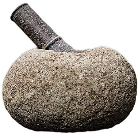 Tokoindah Handgefertigter Naturstein Mörser mit Stößel - Schwerer Vulkanischer Flussstein Gewürzmörser (2,5-3,5kg) - Indonesisches Unikat für Kräuter und Gewürze - Rustikales Küchengerät
