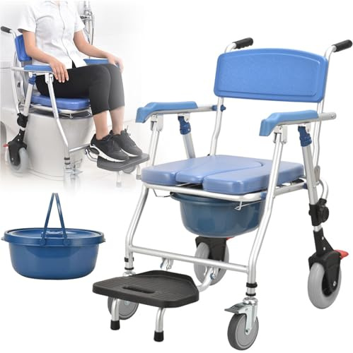 4-In-1-Toilettenstuhl Für Senioren Mit Rollen 150kg, Duschstuhl Mit Rollen Klappbar, Nachtstuhl Erwachsene Toilettenstühle Aluminium Fahrbar Mit Urineimer Für Patienten Behinderte Und Schwangere