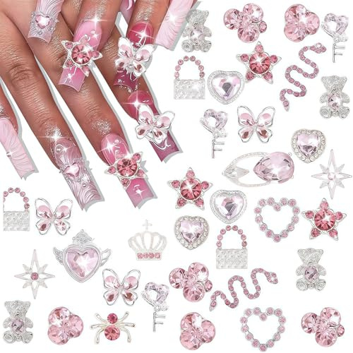AuraFusion 32 Pièces Charms Ongles 3D Or, Décorations Nail Art de Haute Qualité avec Strass - Expérience de Manucure Luxueuse pour Femmes et Filles