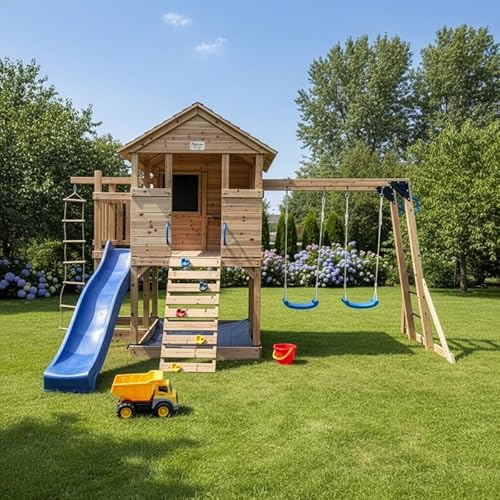 Aire de Jeux Extérieur Buffalo Abracadaprout | Bois Thermo-Traité avec Toboggan, Balançoires et Trapèze | Maisonnette, Échelle de Corde et Paroi d'escalade | Résistant aux Intempéries et UV