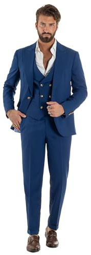 Giosal Abito Uomo Monopetto Vestito 3 Pezzi Completo Giacca Pantaloni Panciotto Elegante Sartoriale Vari Colori (IT, Numero, 50, Regular, Regular, Blu Royal Bottoni Oro)