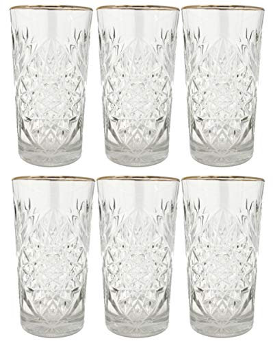 Libbey - Hobstar – Lot de 6 verres à long drink, verre à eau, verre à jus – Cristal – avec bord doré élégant – 470 ml