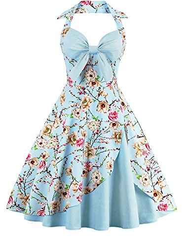Women Retro Vintage 1950s 50s 60s Halter Neck Audrey Hepburn Style Casual Floral Print Flared Rockabilly Tea Party Cocktail A-Line Dress Sky Blue XL