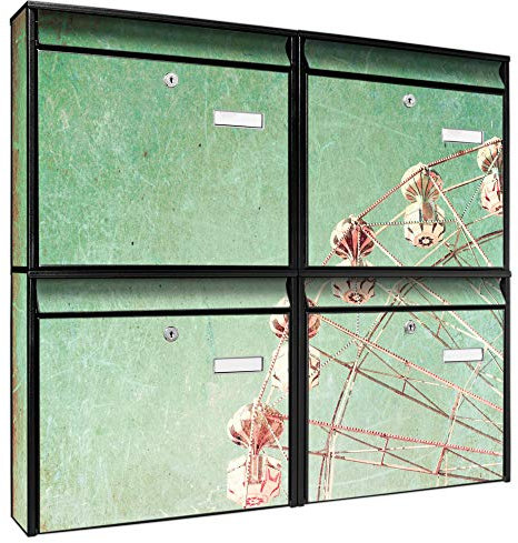 banjado Briefkastenanlage 4 Fach - Postkästen groß - verzinkter Stahl schwarz DIN A4 Motiv Riesenrad 1 - Briefkasten Set 4 Briefkästen Namensschild, 2 Schlüssel, Montagematerial