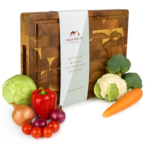 Silk Route Home Premium Acacia Wood Butcher Block Cutting Board - 38 x 26 x 4cm - Knife-Friendly, Spill-Guard Juice & Finger-Grooves - Heavy-Duty Chopping/Serving Board