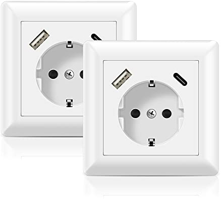 USB Steckdose System 55, Schuko Unterputz Steckdose mit USB Anschluss und Typ C (Max.3.4A) Schutzkontaktsteckdose Passt in Standard Unterputzdose Wandsteckdose für Smartphone Tablet MP3 (2 Stück)