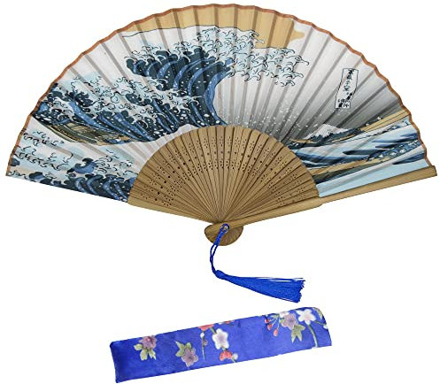 AWCIGG Japanische Fächer Kanagawa Sea Welle Handfächer Klein in Handtasche Holz Stoff Stabi Fächer Mit Quaste und Beutel Fächer für Damen Hochzeit Sommer Kinder Mädchen Männer
