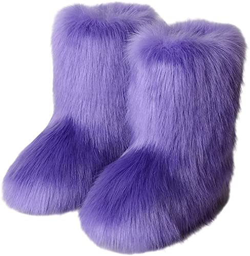 YESBOR Women's Faux Fur Boots Fluffy Mid-Calf Fuzzy Winter Snow Boots Outdoor Flat Shoes Light Purple 10