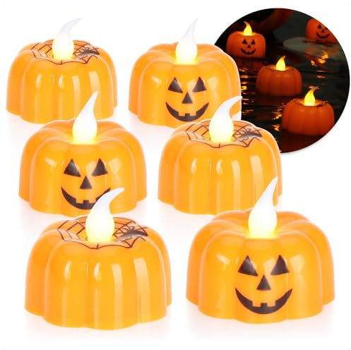 com-four® 6x LED Teelichter Halloween - flackernde Teelichter in Kürbisform - batteriebetriebene LED-Kerzen - Stimmungsbeleuchtung für Kürbisse (06x Kürbis-Teelicht)