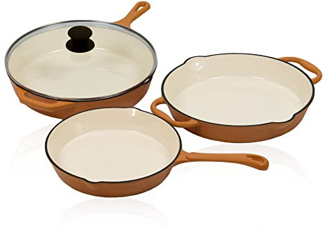 Mahlzeit 3-teiliges Pfannenset | Ø 24cm, Ø 29,5cm, Ø 29cm | Mit emaillierten Gusseisen Grillpfannen | Gußeisenbratpfanne, Bratpfanne, Gusspfanne | Universalpfanne, Steakpfanne (Sunny Orange)