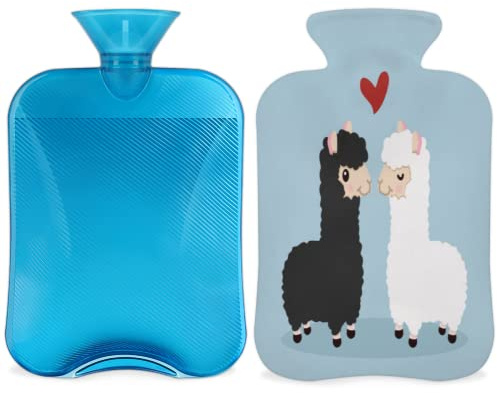 Niedliche Alpaka-Wärmflasche mit Bezug, 2 l, Lama, schwarz-weiß, PVC-Wärmflasche, für Handfüße, Schmerzlinderung, Wärmekompresse und Kältetherapie