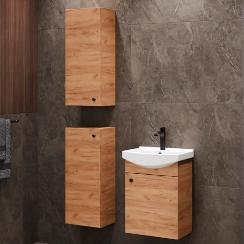 Planetmöbel Badmöbel Set Waschtisch mit Unterschrank | 45 x 60 x 33 cm, 2x Midischrank 32 x 75 x 23 cm für Badezimmer, Gäste WC & Bad, Gold Eiche