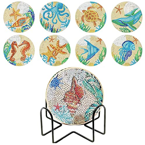 cypreason 9,5 x 9,5 x 0,2 cm Posavasos Decorativos Coastal Beach Theme portavasos, Juego de 8 Piezas, Absorbente de Madera, Vidrio, Gema, Kits de Posavasos, Pintura y Accesorios de Arte