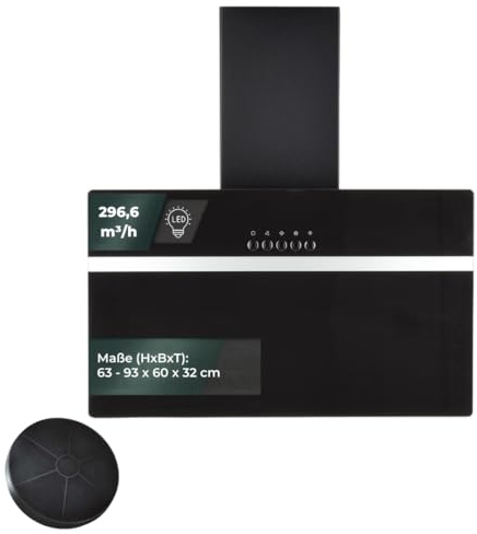 YUNA Dunstabzugshaube DUSANKA | 60cm Breite | mit 47W Motorleistung | Schwarze Glasfront | 3 Leistungsstufen | Abluft & Umluft | Energieeffizienz A | LED-Beleuchtung (inklusive Kohlefilter)