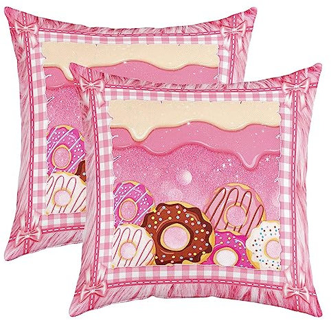 Set di 2 federe per cuscino a forma di ciambella, motivo a quadri, rosa, rustico, con fiocco, per bambini, adolescenti, adulti, con stampa astratta e glitterata, color crema, per soggiorno, 50 x 50 cm