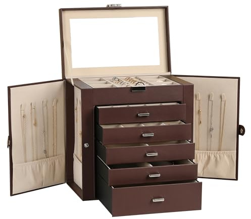 Frebeauty große PU-Leder Schmuckbox, 6-stöckig mit Spiegel und Schubladen | Kunstleder, Integrierter Spiegel, Geräumige Schmuckaufbewahrung, 16 Haken Für Halsketten, Ringe, Ohrringe Und Armbänder