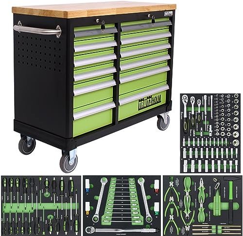TRUTZHOLM Werkstattwagen Deluxe 12 Schubladen 123 cm Breite Massive Arbeitsplatte 4 Schubladen gefüllt, Knarren, Hammer, Drehmomentschlüssel für Werkstatt, Garage