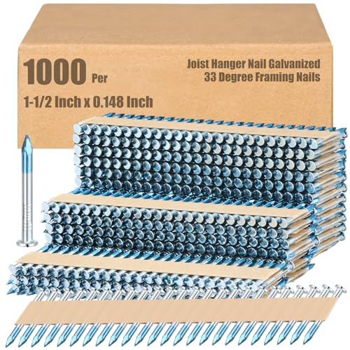 Tandefio 1000 Per Joist Hanger Nails Framing Nails Box Galvanized 33 Degree Paper Row Fixed Round Head Galvanized Smooth Shank Paper Tape Collated, Tip Blue Paint(1-1/2 x 0.148 Inch)