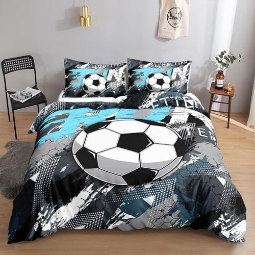 HOSIMA Fußball-Bettwäsche-Set für Jungen und Mädchen, Trendiger, Cooler Graffiti-Cartoon-Fußball-Druck, Bettbezug mit 2 Kissenbezügen (Graffiti-Fußball1 S)