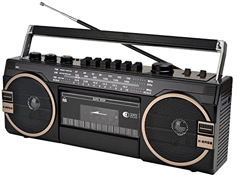 Portable Bluetooth Boombox, Retro Built-In Stereo Speaker with Cassette Player USB TF Card Play Tape Music Player Recorder 5.0 Bluetooth Speakers Radio Classic 80s Style (Color : Black)