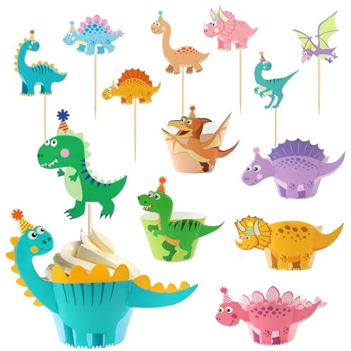 48 Stück Dino Cupcake Wrapper Set, Tortendeko Dinosaurier, 24 Muffinförmchen und 24 Kuchendekoration, Cake Topper für Geburtstag Event Party Tiere Thema Dekoration