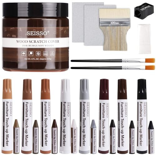 SEISSO Laminat Reparaturset 25 Stück Parkett Reparaturset 8 Farben Holzmarker Wachsstifte und Rötlich brauner Holzkitt, Holz Reparaturset zum Ausbessern von Kratzern und kleinen Löchern in Holzmöbeln