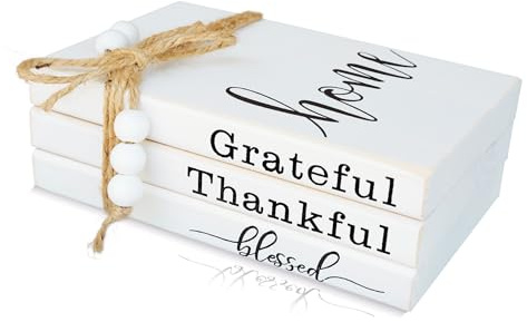 GNIYNAY Farmhouse Wooden Book Stack Decor - Faux Book Stacks for Decoration - Set of 3 Stacked Books for Coffee Table Bookshelf Decor - Grateful Thankful Blessed Home Sign