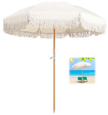 Outdoor-Terrassenschirm, weiß, Boho-Fransenschirm, 180 cm, Tischschirm mit Neigung, tragbarer Strandschirm, LSF 50+, Gartenschirm, winddicht, Marktschirm, wasserdicht, 8 Rippen, Hofschirm mit