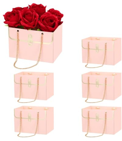PATIKIL Buste Regalo per Fiori di Carta, 6pz Buste Regalo Fiori Bouquet in Carta con Manico a Catena Rettangolare per Fioristi Matrimoni Feste Compleanno, Rosa