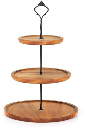 E-ROOM TREND Soporte para tartas/cupcakes de madera | Soporte para tartas con mango de metal | para cumpleaños, fiesta de té por la tarde, boda(MDP1BN30)| 3 plantas | Grande