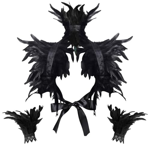 IWTBNOA Schwarzer Federumhang mit 1 Paar Feder-Manschetten, Maleficent Kostüm Damen, Gothic Feder Achselzucken Schal, Federkragen Schwarz, Federrock Pfau Kostüm für Damen für Halloween Cosplay