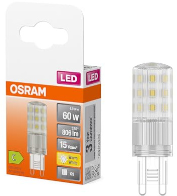 Osram LED PIN multicolor LED-Lampe mit Retrofit-Stecksockel G9, 4.9 W / 806 lm, klar, warmweißes Licht mit 2700 K, nicht-dimmbar, IP20, bleifreies Glas, 18 mm Durchmesser.