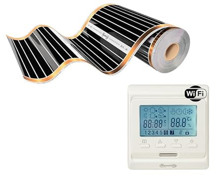 Warmcoin Pellicola riscaldante a infrarossi trasparente, riscaldamento a pavimento elettrico con termostato W51 WI-FI bianco, 80 cm, set da 220 W/m². Riscaldamento efficiente e conveniente per la
