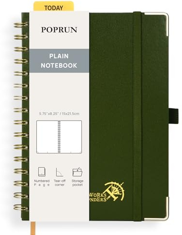 POPRUN Cuaderno de Notas con Espiral, Página en Blanco, Tamaño A5, Papel Grueso de 120 GSM, 141 Páginas Numeradas, con Bolsillo, Pestañas de Indice, 8 Hojas Perforadas, Verde Oliva