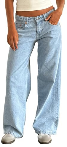 Onsoyours Jean Femme Taille Basse Coupe Droite Straight Jeans Y2K Baggy Jambes Larges Pantalon en Denim Automne Hiver Elastique Jeans