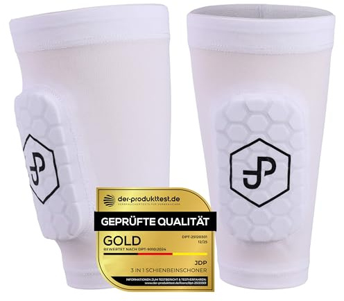 JDP Premium protège-Tibias 3 en 1, Chaussettes avec protège-Tibia intégré Football, Protections de Tibia avec Chaussettes de Football incluses pour Enfants, protège-Tibias de Football, Taille S Blanc