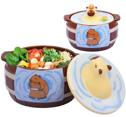 Grands bols à ramen – Bols à salade avec poignées, bols à céréales pour petit déjeuner | Bol à nouilles en céramique motif dessin animé Capybara, bol à flocons d'avoine avec couvercle pour enfants et