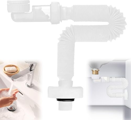 Waschbecken Siphon, 1 1/4 Zoll Raumsparsiphon, 360° Einstellbarer Flexibles Ablaufschlauch mit Geruchsverschlus, Geeignet für Küchenspülen, Badezimmerwaschbecken, Kompatibel mit den Meisten Standardro