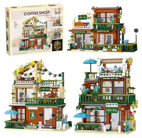 MOCBROPCS Street View Balkon Café Haus Architektur Bausatz, 3-in-1 Modulares Simulations Häuser Bauspielzeug mit LED Leuchten, Geschenk für Erwachsene und Mädchen ab 8 Jahren (875 Teile)