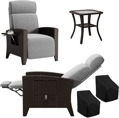 Fiutazge 3 Stück Relaxliege Verstellbare Rückenlehne,Gartensessel mit Liegefunktion,Balkontisch,Abdeckung,Relaxsessel Rattan Sonnenliege für Innen/Außen Rattan Schwarz und Grau Sitzkissen